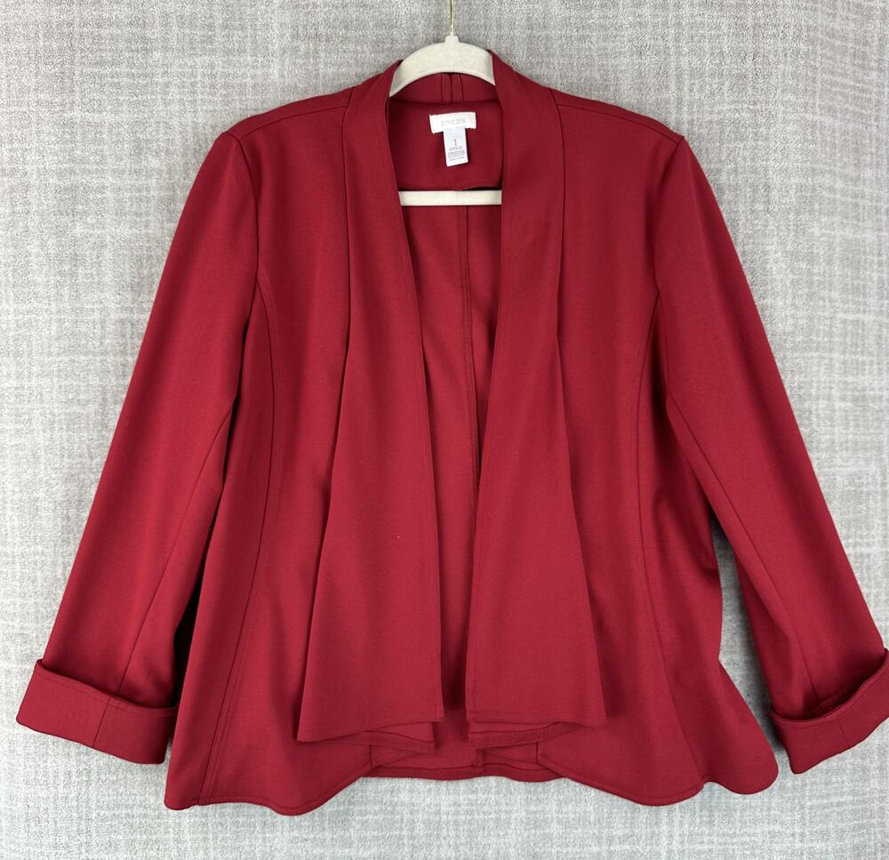 Chico's Blazer Womens 1 Red Mid-Length Collared Unlined Stretch Pleated Knit